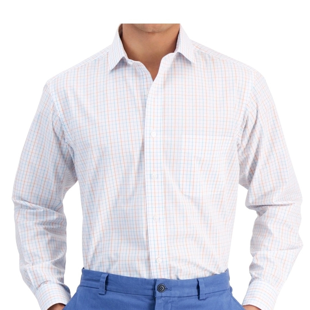 Club Room Men's Regular Fit Letto Plaid Dress Shirt Orange Aqua 16½ 32/33 NWT
